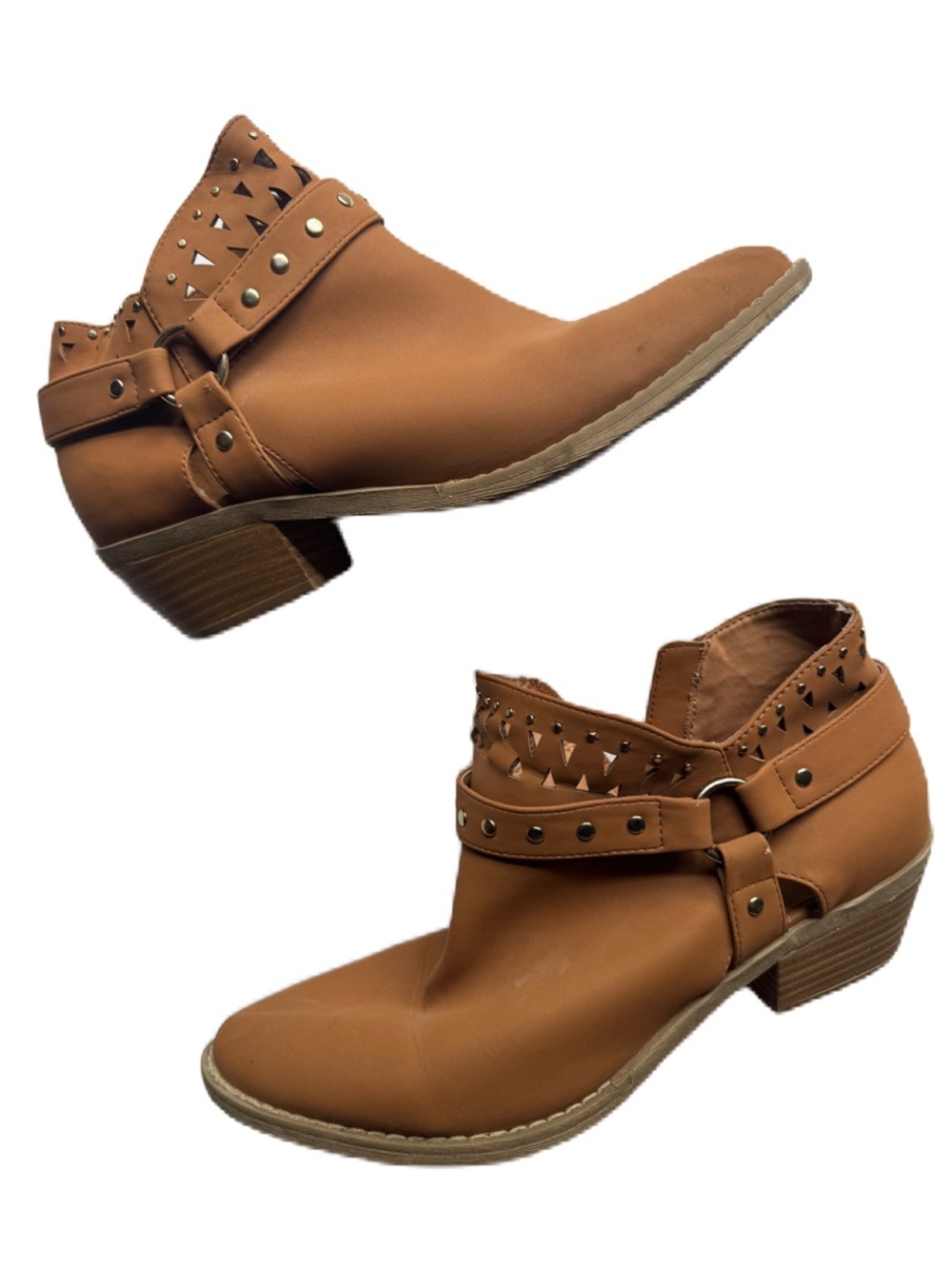 Tan Ankle Booties with Studded Strap and Block Heel size 10